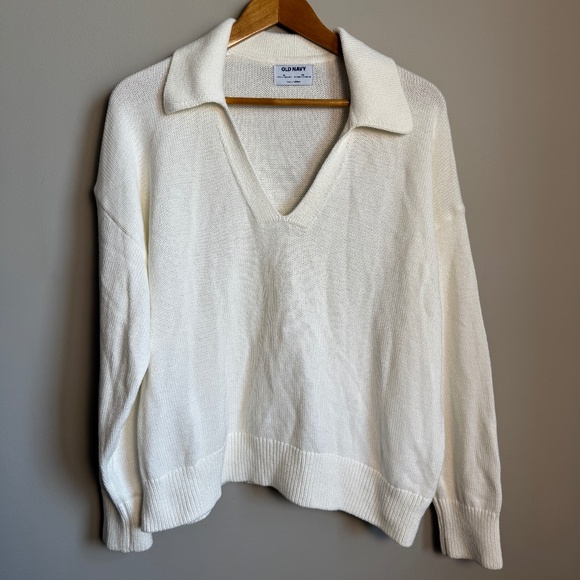 Old Navy Womens Collared V-Neck Casual Long Sleeve Sweater White Size XL Office - Picture 1 of 11